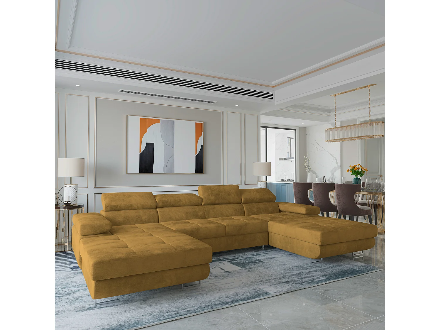 Canapé d'angle LYKKE Jaune en velours avec fonction de couchage