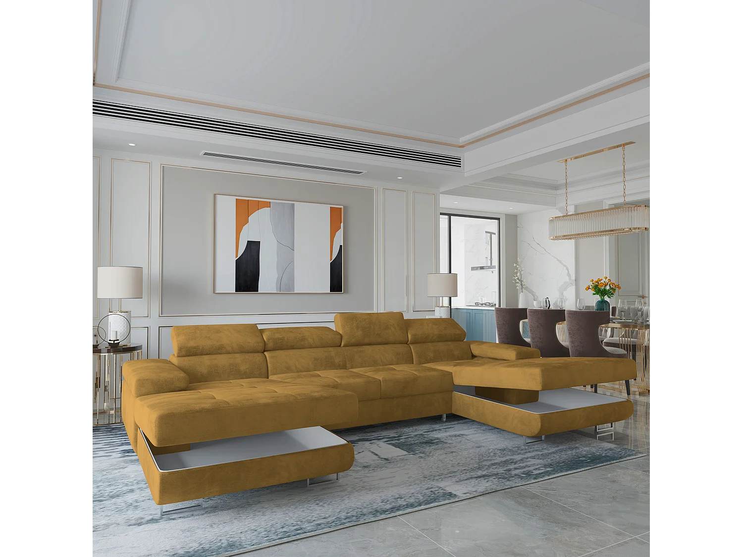 Canapé d'angle LYKKE Jaune en velours avec fonction de couchage