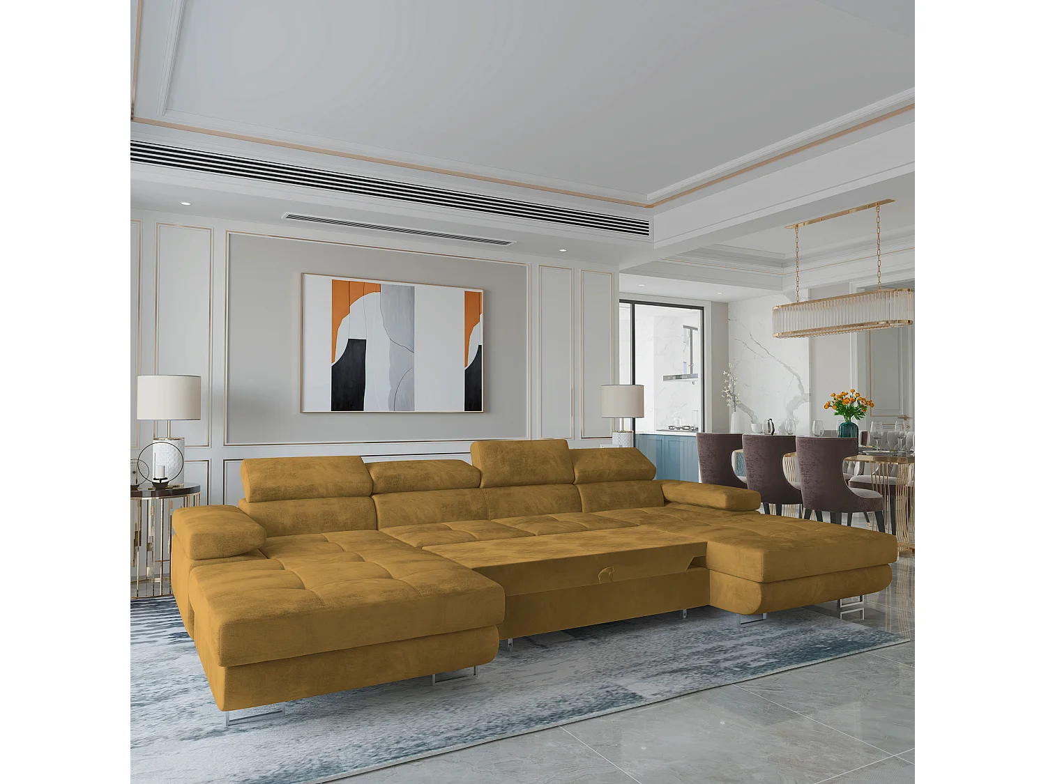 Canapé d'angle LYKKE Jaune en velours avec fonction de couchage