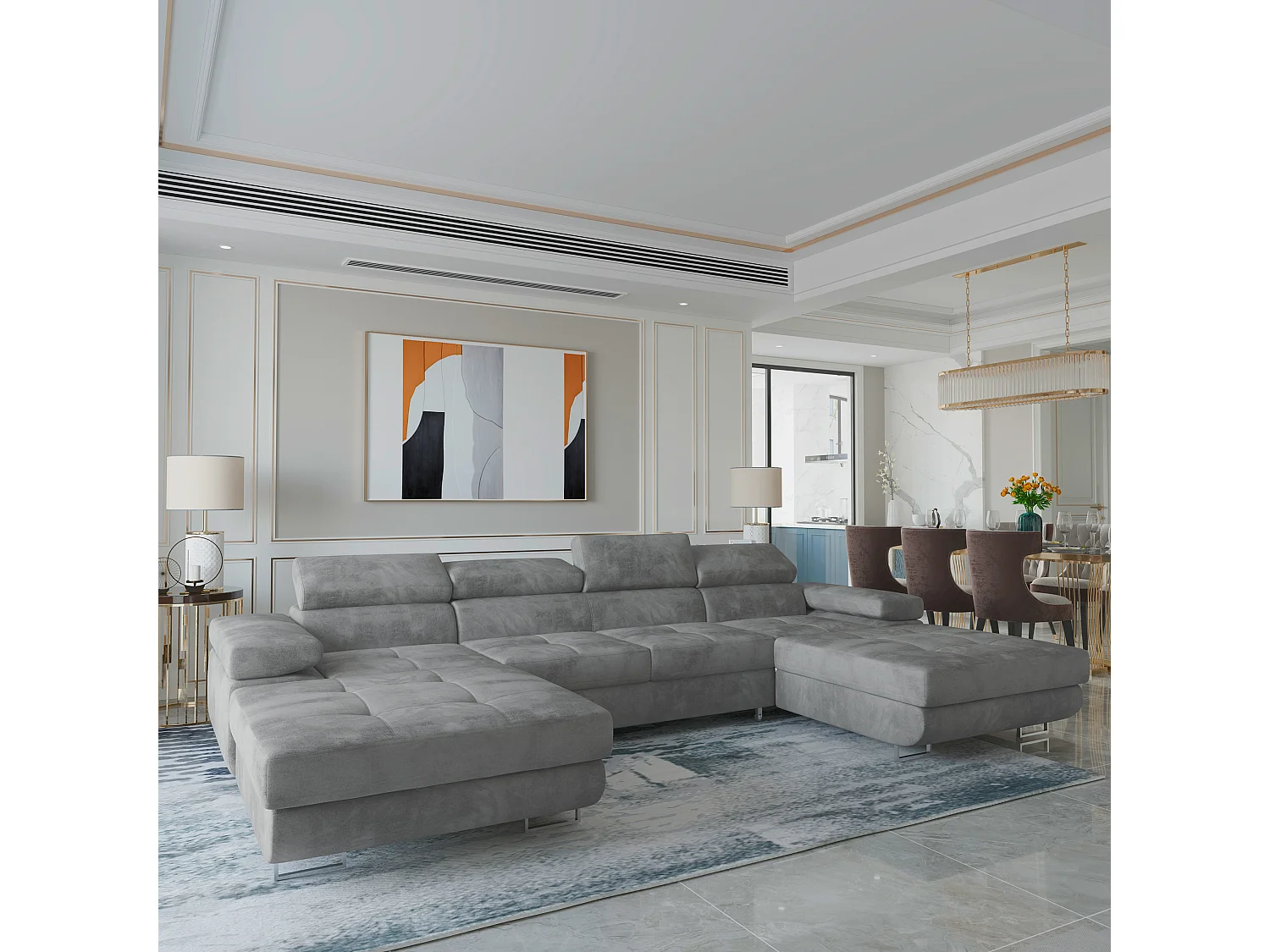 Canapé d'angle LYKKE Gris en velours avec fonction de couchage