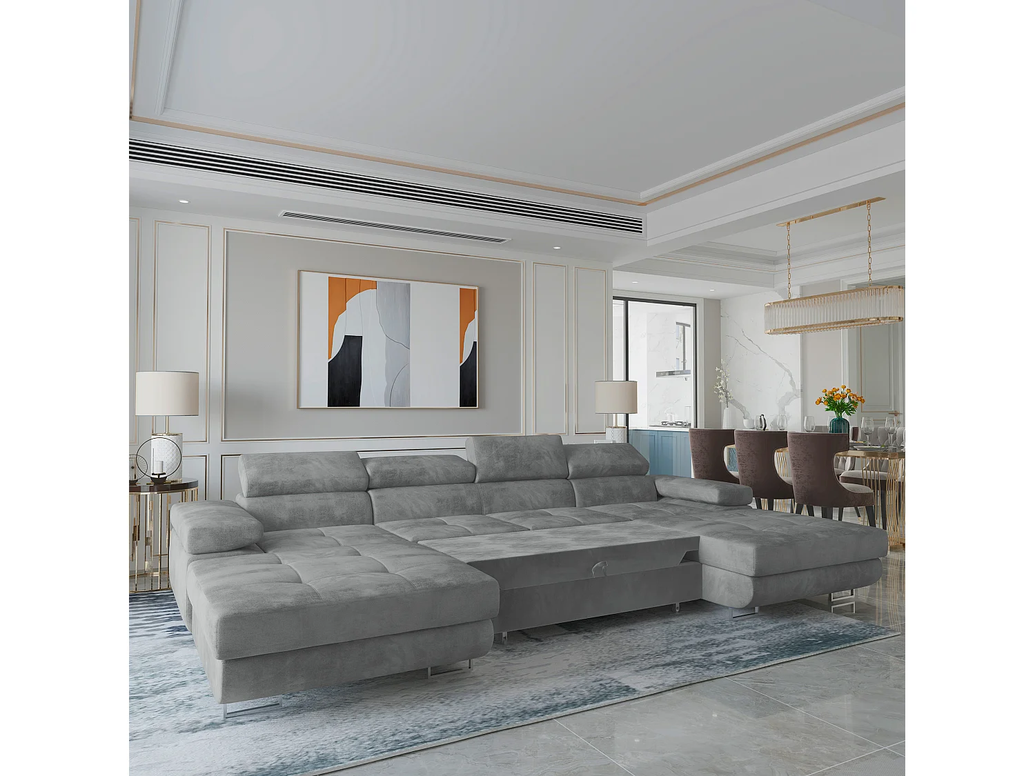 Canapé d'angle LYKKE Gris en velours avec fonction de couchage