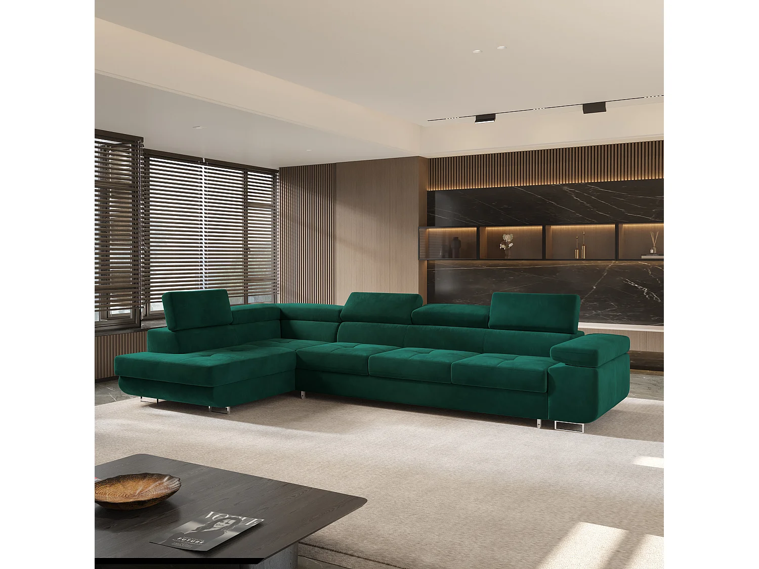 Canapé d'angle VICENTE Vert en velours avec fonction de couchage