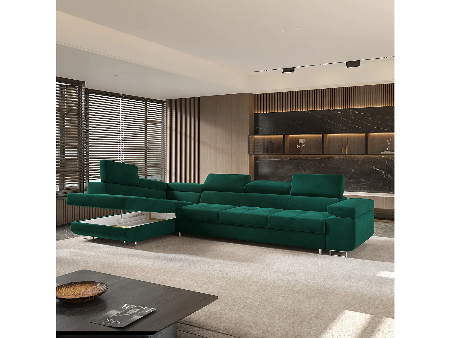 Canapé d'angle VICENTE Vert en velours avec fonction de couchage