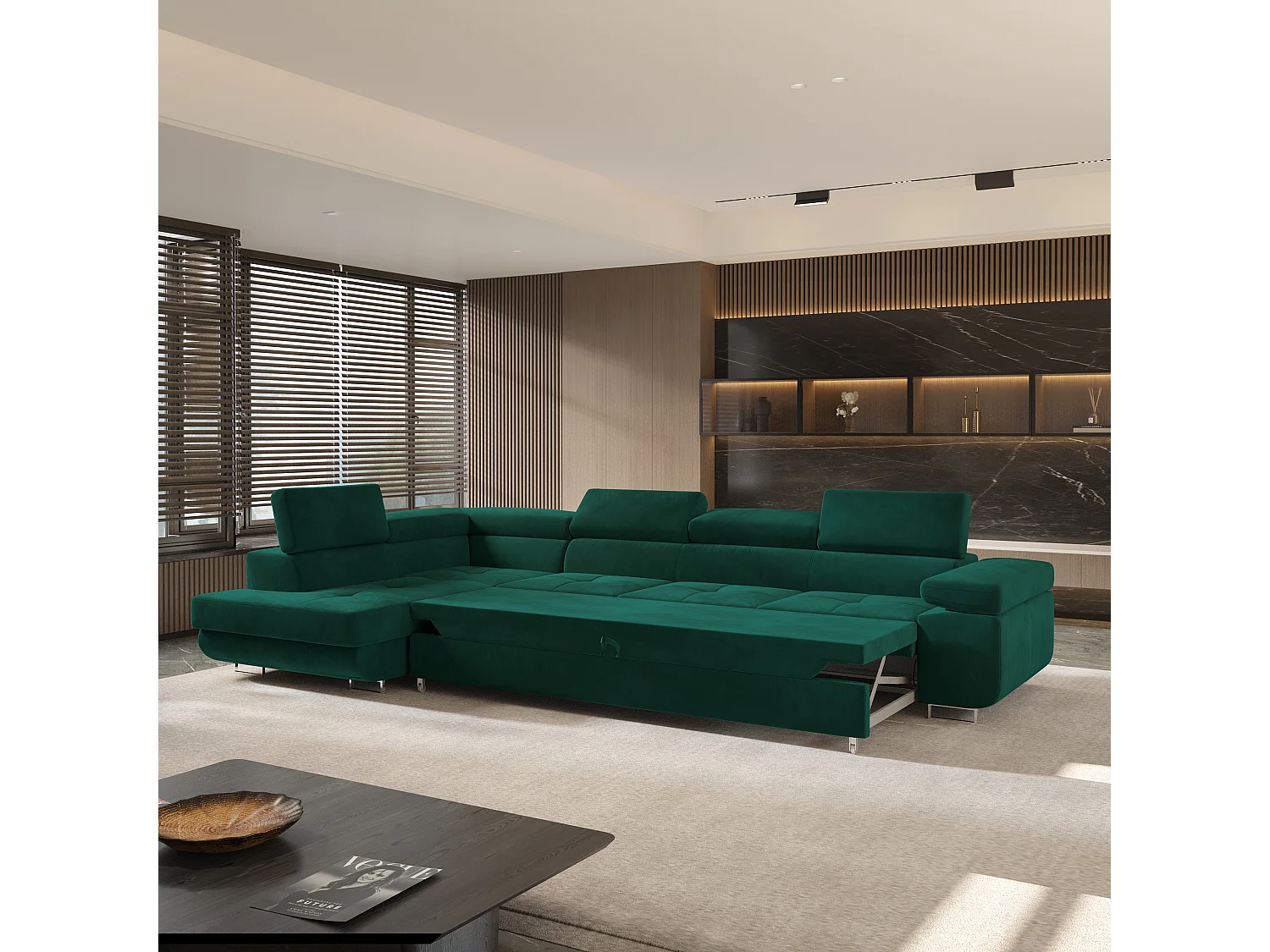 Canapé d'angle VICENTE Vert en velours avec fonction de couchage