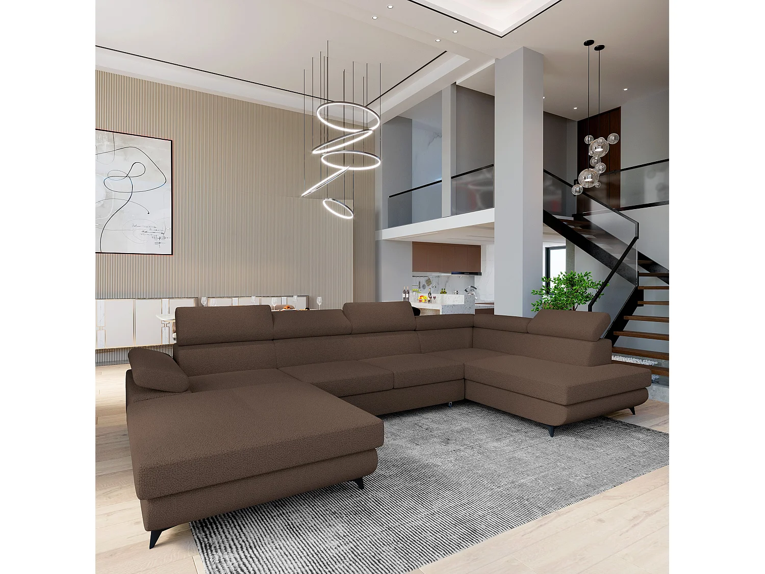 Canapé D'angle Rubano Marron En Bouclé Avec Fonction De Couchage