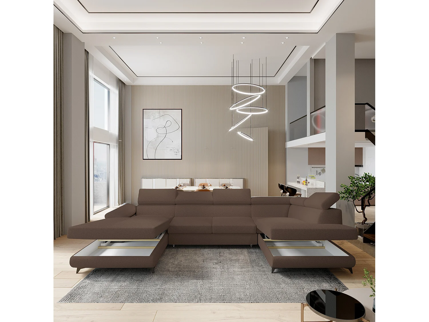 Canapé D'angle Rubano Marron En Bouclé Avec Fonction De Couchage