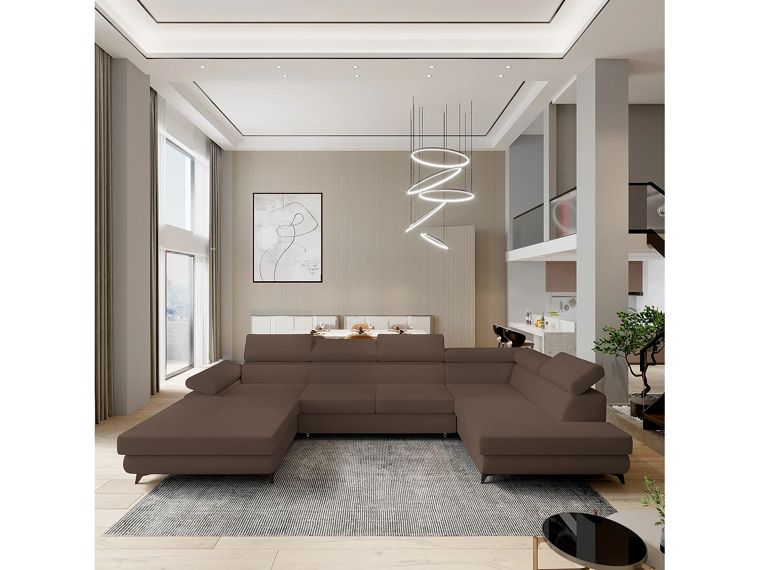 Canapé D'angle Rubano Marron En Bouclé Avec Fonction De Couchage