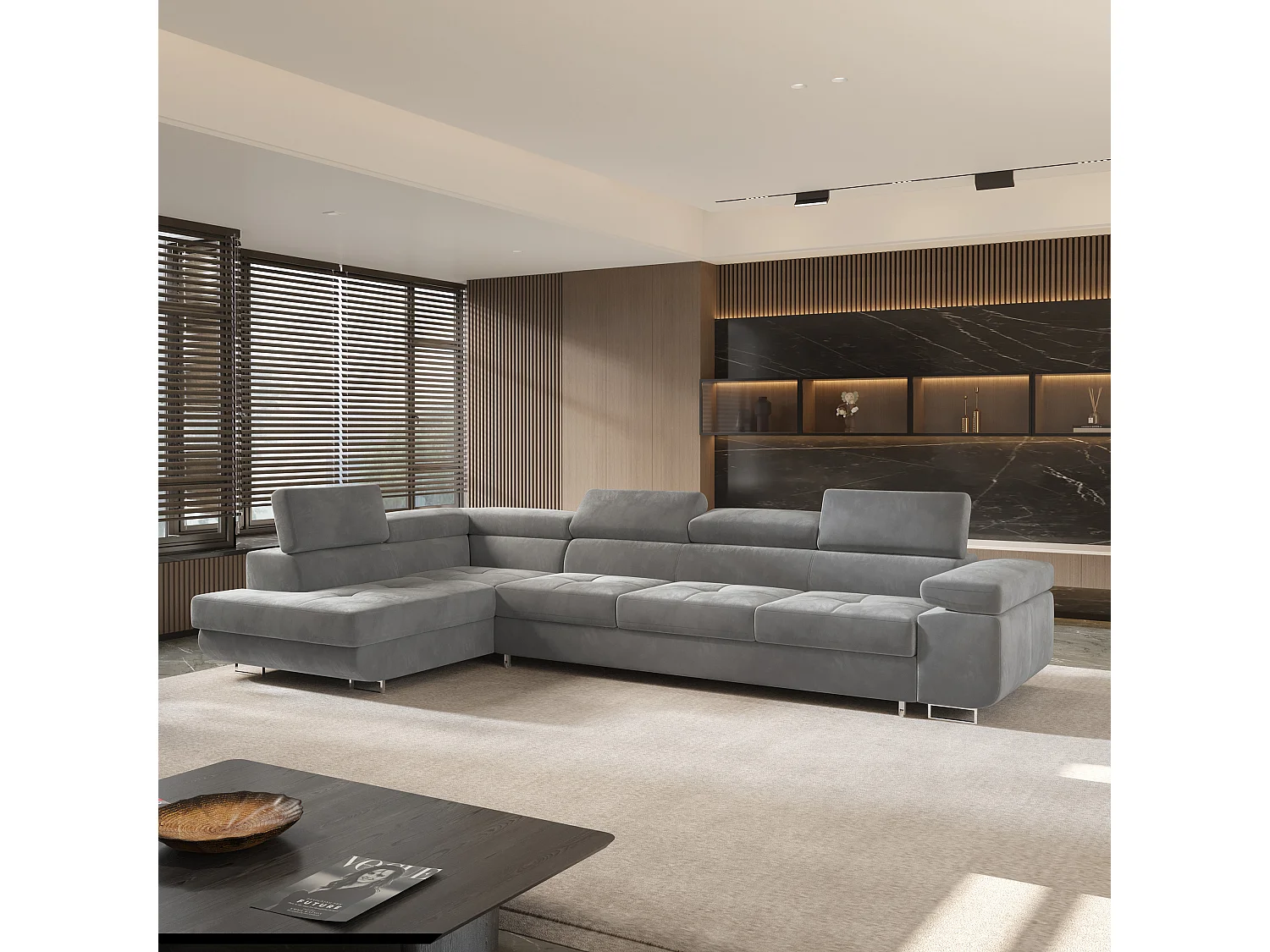 Canapé d'angle VICENTE Gris en velours avec fonction de couchage