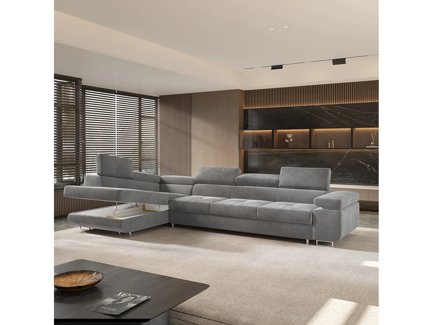 Canapé d'angle VICENTE Gris en velours avec fonction de couchage