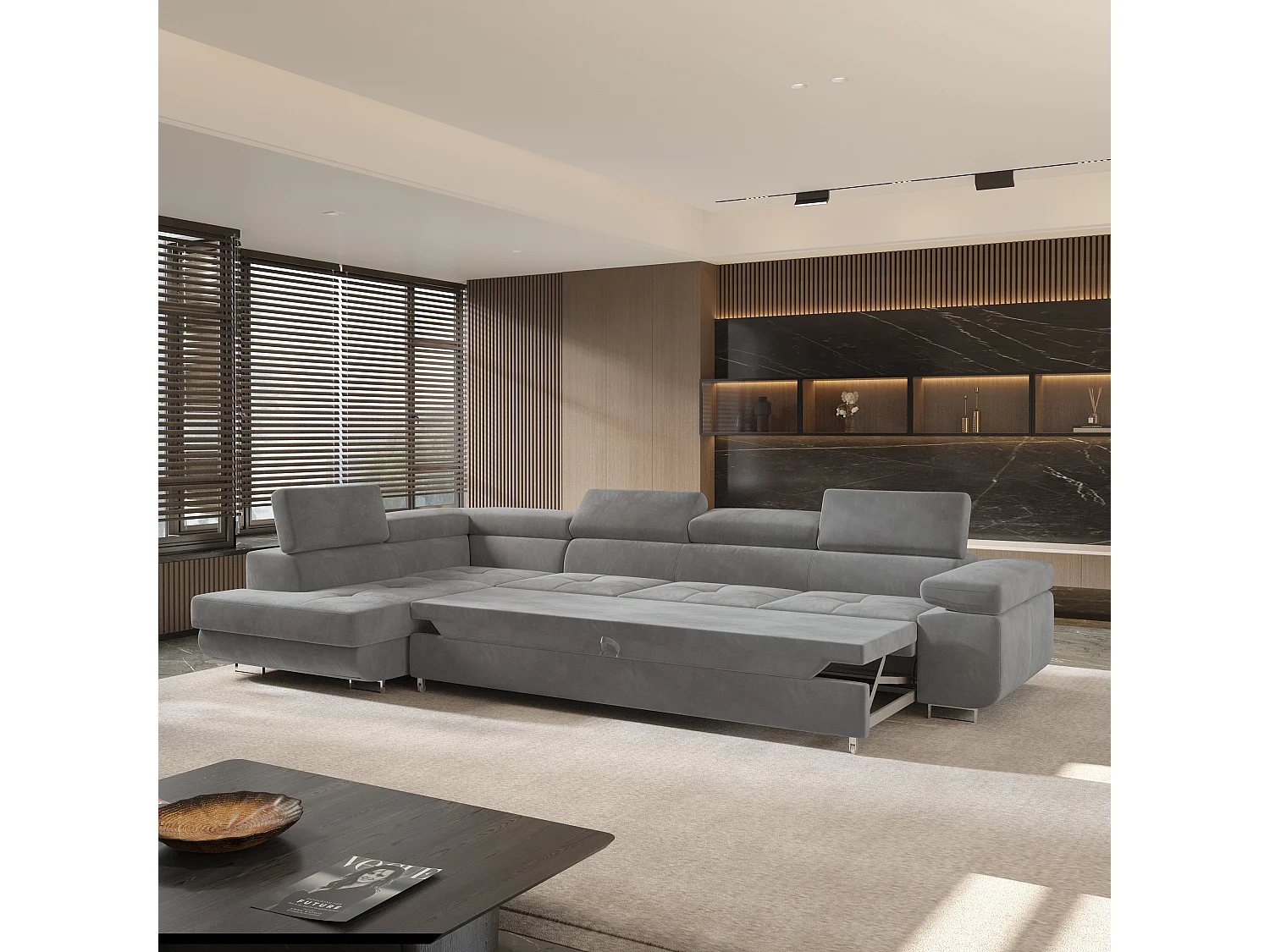 Canapé d'angle VICENTE Gris en velours avec fonction de couchage