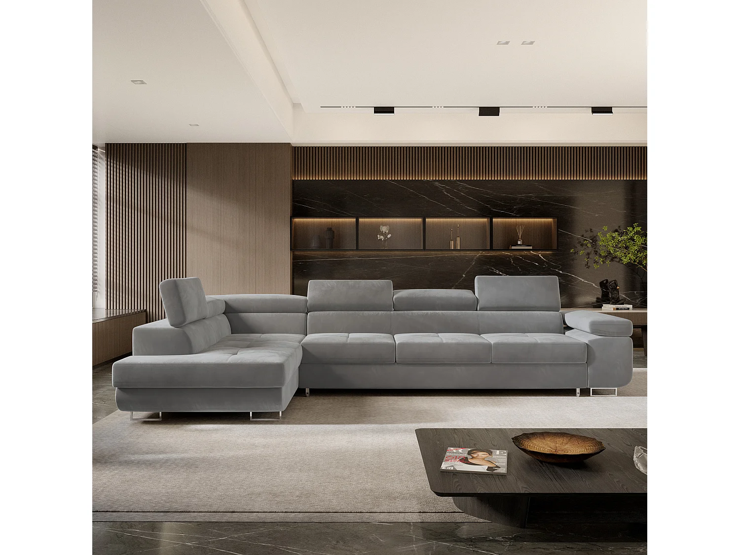 Canapé d'angle VICENTE Gris en velours avec fonction de couchage