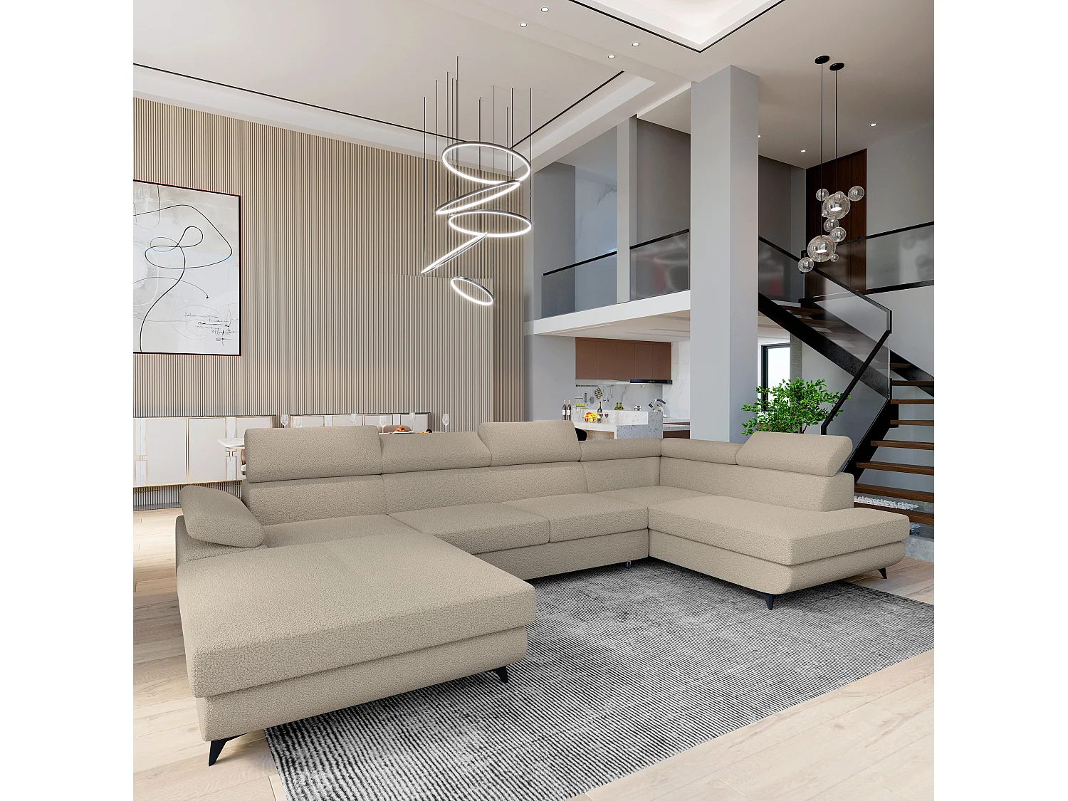 Canapé D'angle Rubano Beige En Bouclé Avec Fonction De Couchage