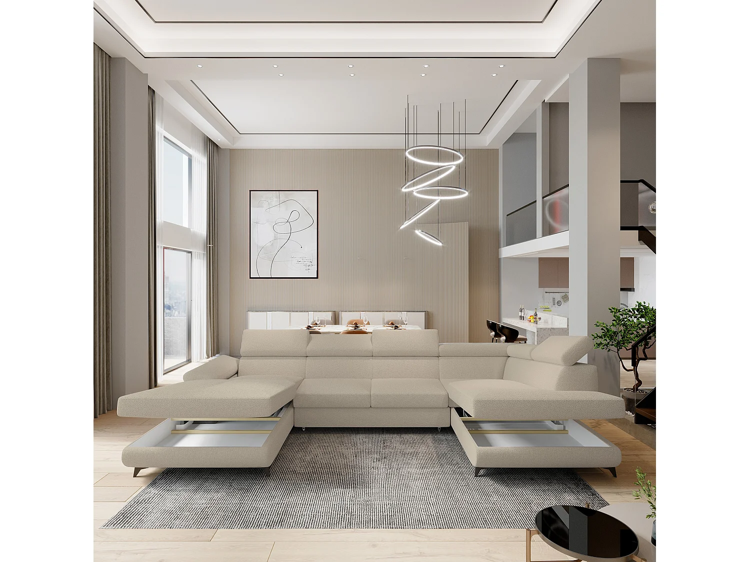 Canapé D'angle Rubano Beige En Bouclé Avec Fonction De Couchage