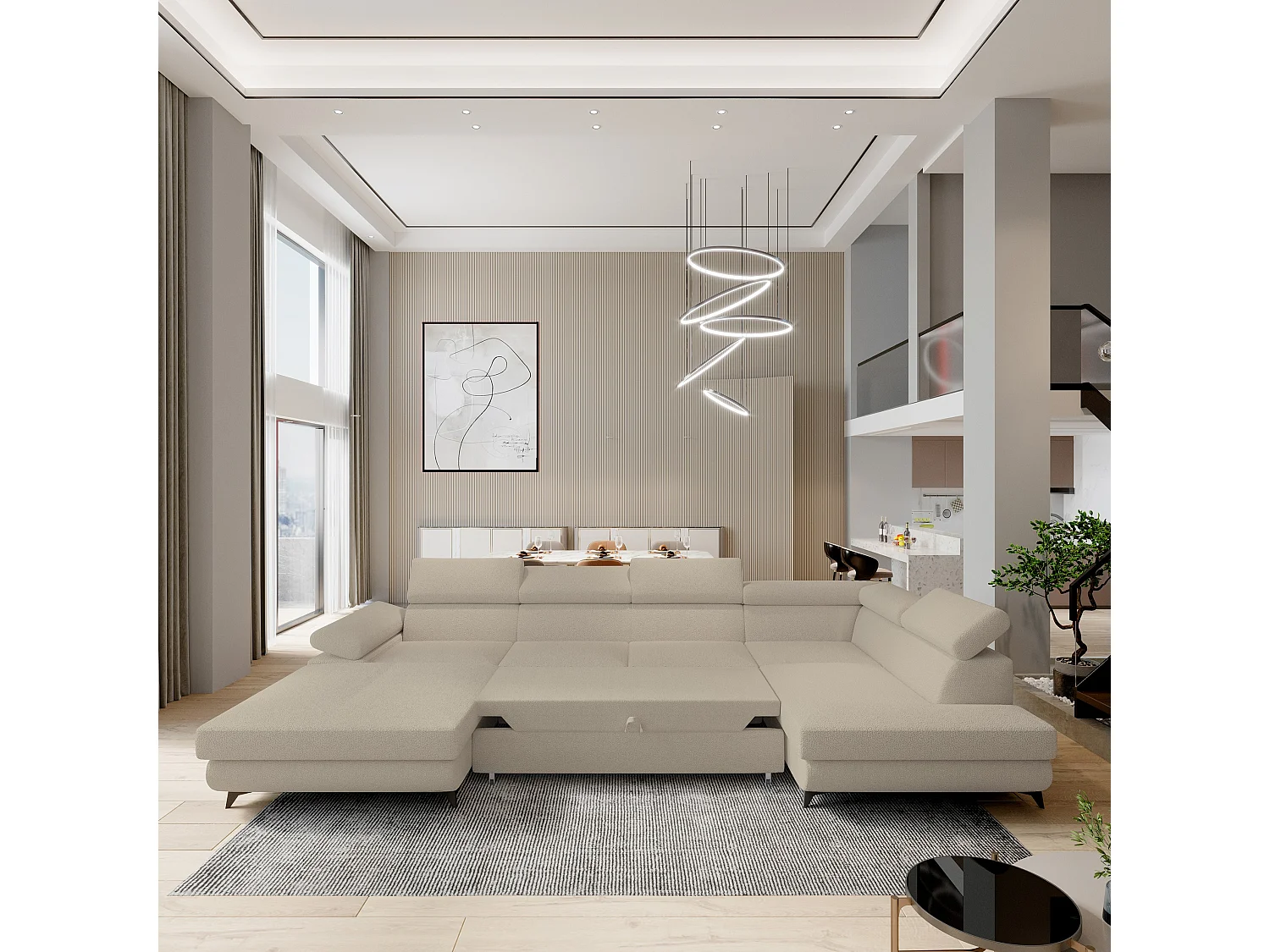 Canapé D'angle Rubano Beige En Bouclé Avec Fonction De Couchage