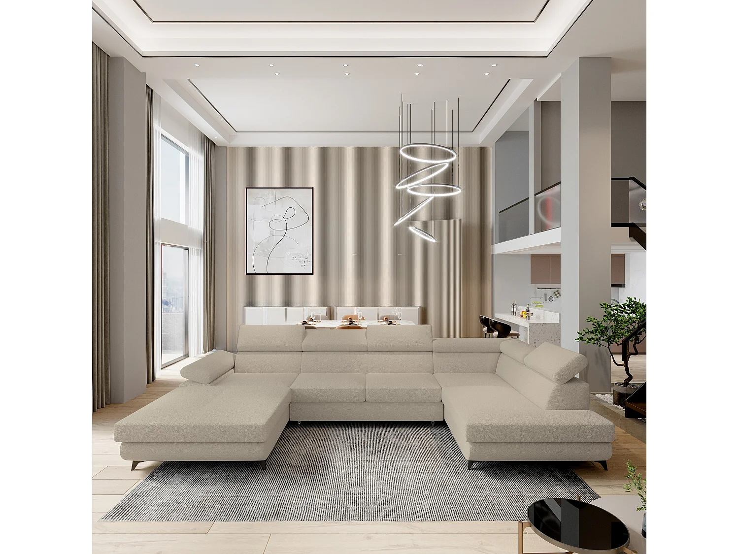 Canapé D'angle Rubano Beige En Bouclé Avec Fonction De Couchage