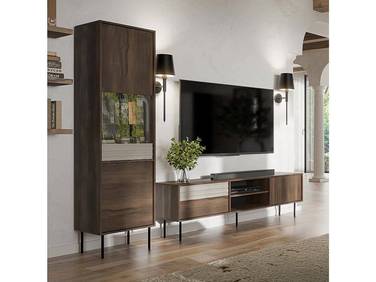 Meuble TV 2 portes 180 cm Astra Bois foncé et Cachemire
