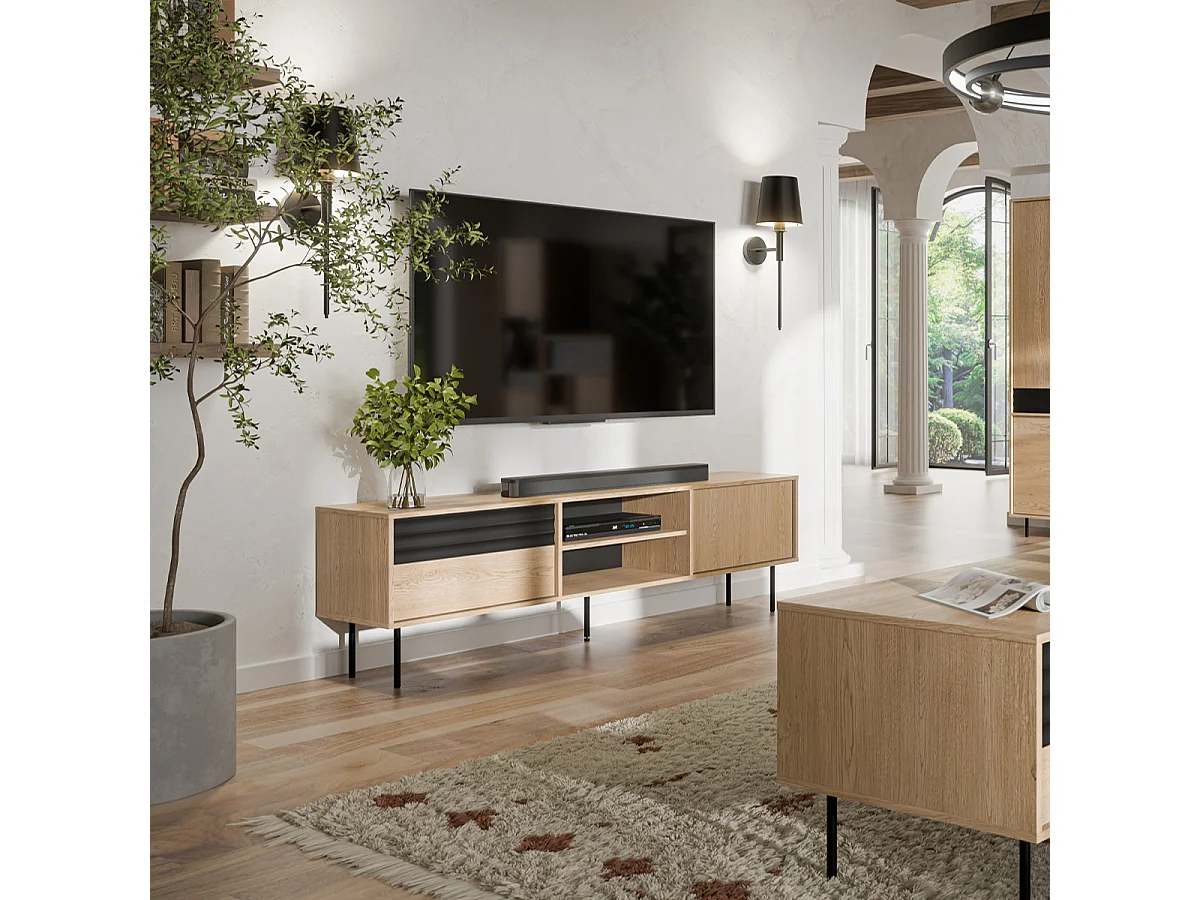 Meuble TV 2 portes 180 cm Astra Bois et Noir