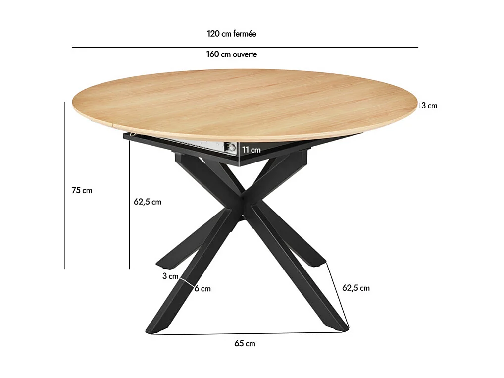 Table repas extensible 120/160 cm placage bois pieds métal – LORETTA