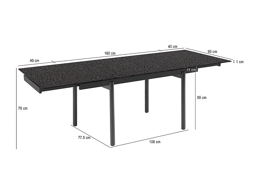 Table extensible 160 à 240 cm verre bullé gris anthracite pieds droits - ATLANTA 09
