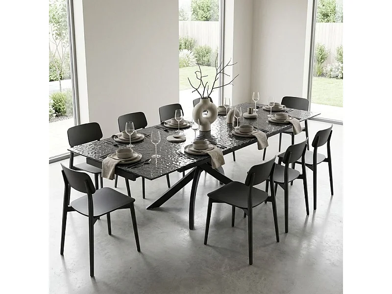 Table extensible 160 à 240 cm verre bullé gris anthracite pied entrecroisé - ATLANTA 11