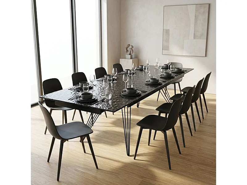 Table extensible 180 à 260 cm verre bullé gris anthracite pieds filaires - ATLANTA 01