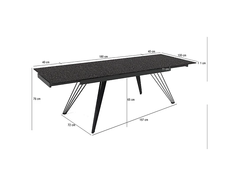 Table extensible 180 à 260 cm verre bullé gris anthracite pieds filaires - ATLANTA 01