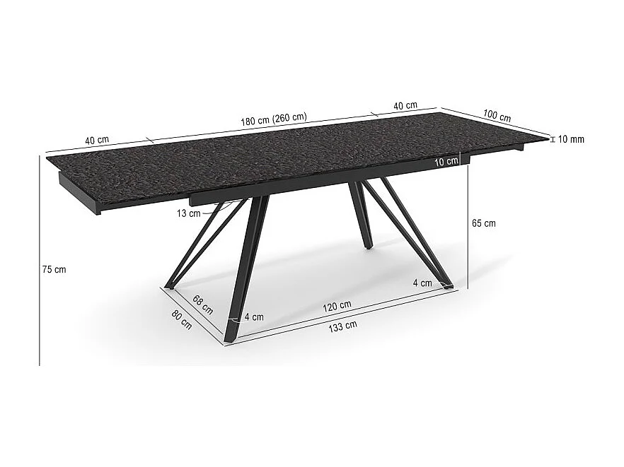 Table extensible 180 à 260 cm verre bullé gris anthracite pieds en V - ATLANTA 10