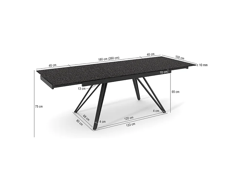 Table extensible 180 à 260 cm verre bullé gris anthracite pieds en V - ATLANTA 10