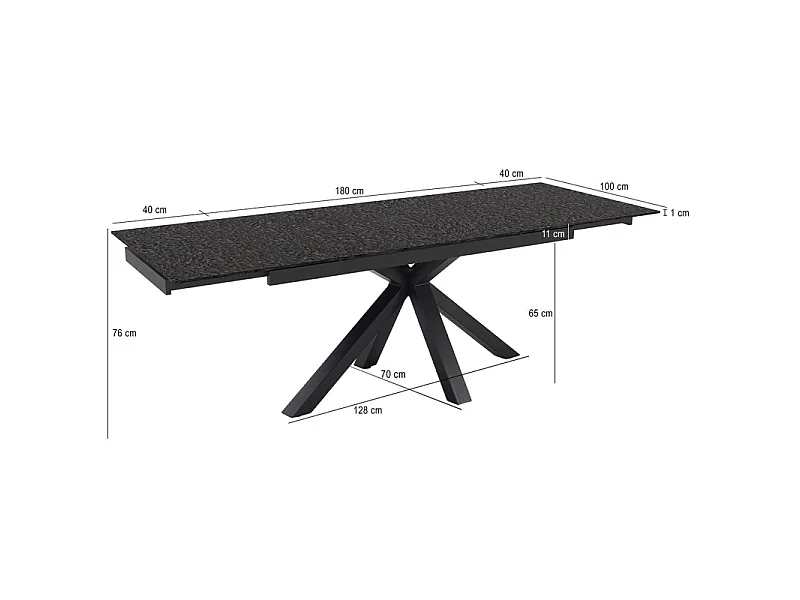 Table extensible 180 à 260 cm verre bullé gris anthracite pieds central croix - ATLANTA 04