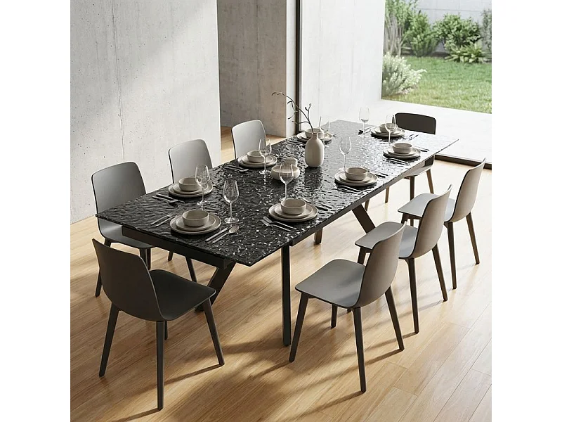 Table extensible 180 à 260 cm verre bullé gris anthracite pieds inclinés - ATLANTA 08