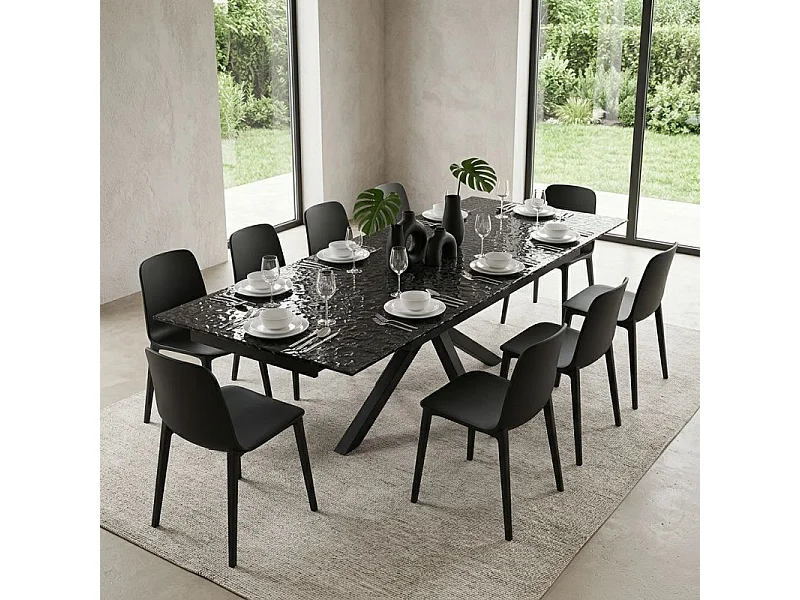 Table extensible 160 à 240 cm verre bullé gris anthracite pied croix - ATLANTA 04