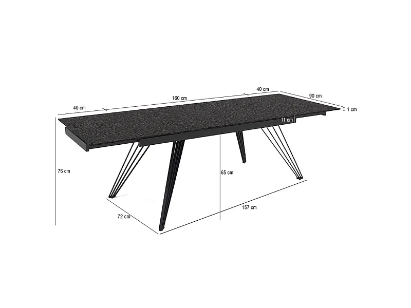 Table extensible 160 à 240 cm verre bullé gris anthracite pieds filaires - ATLANTA 01