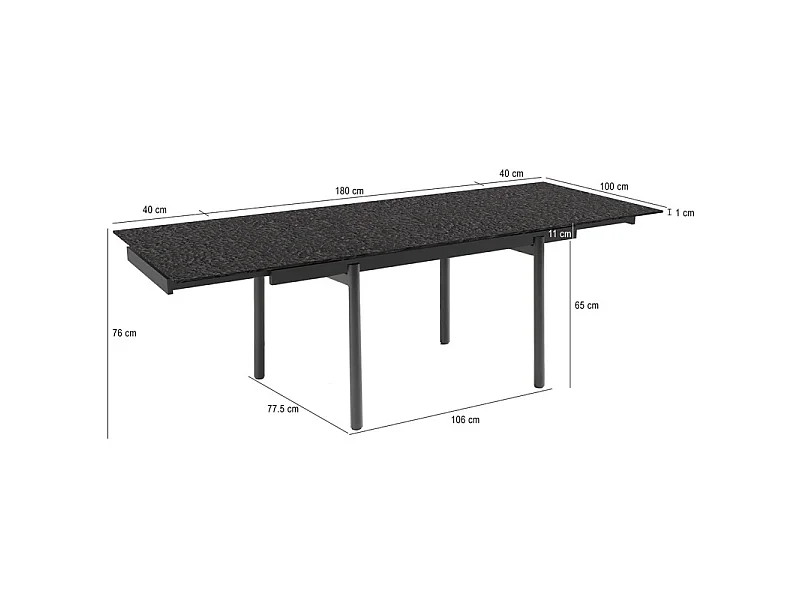 Table extensible 180 à 260 cm verre bullé gris anthracite pieds droits - ATLANTA 09