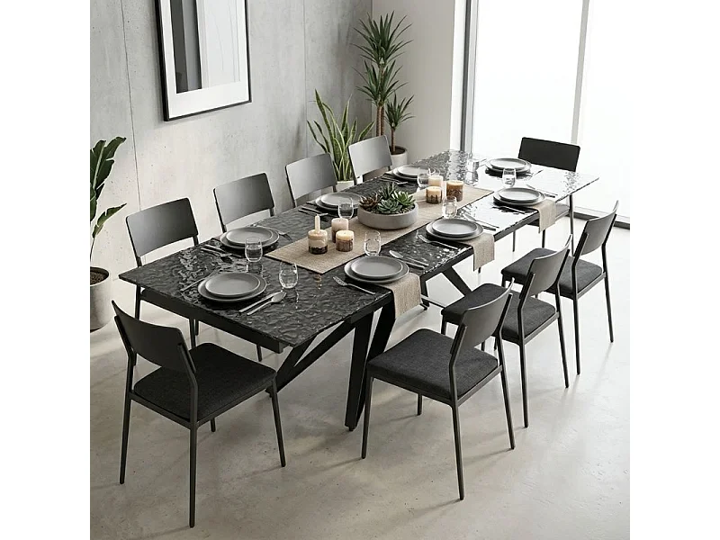 Table extensible 160 à 240 cm verre bullé gris anthracite pied géométrique - ATLANTA 03