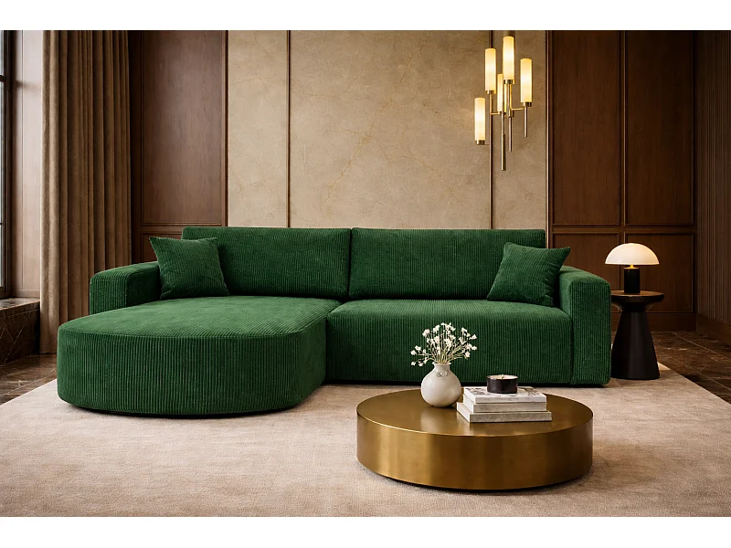 Canapé d’angle XL réversible et convertible BOSS – Velours côtelé vert bouteille avec coffre de rangement