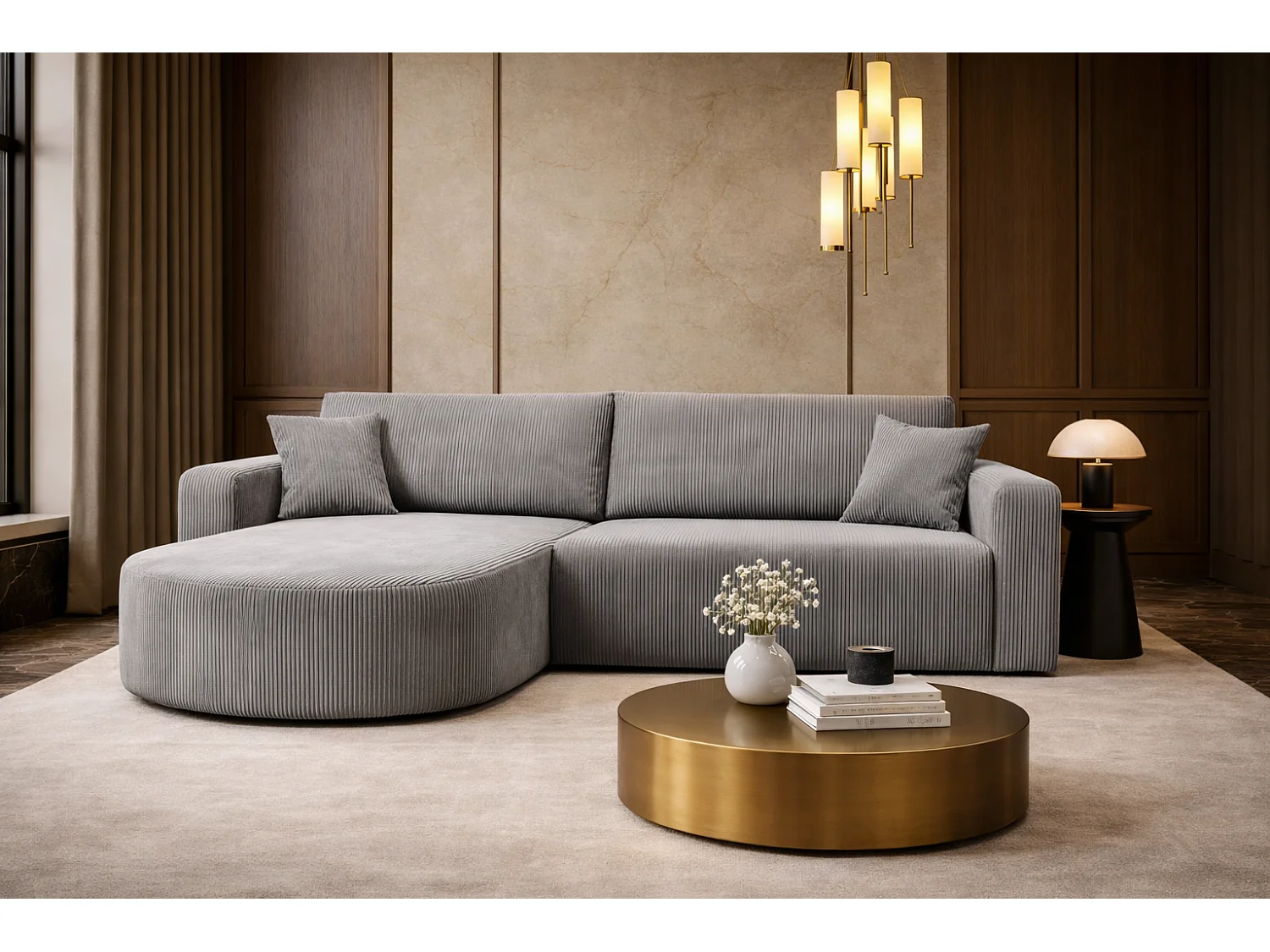 Canapé d’angle XL réversible et convertible BOSS – Velours côtelé gris avec coffre de rangement