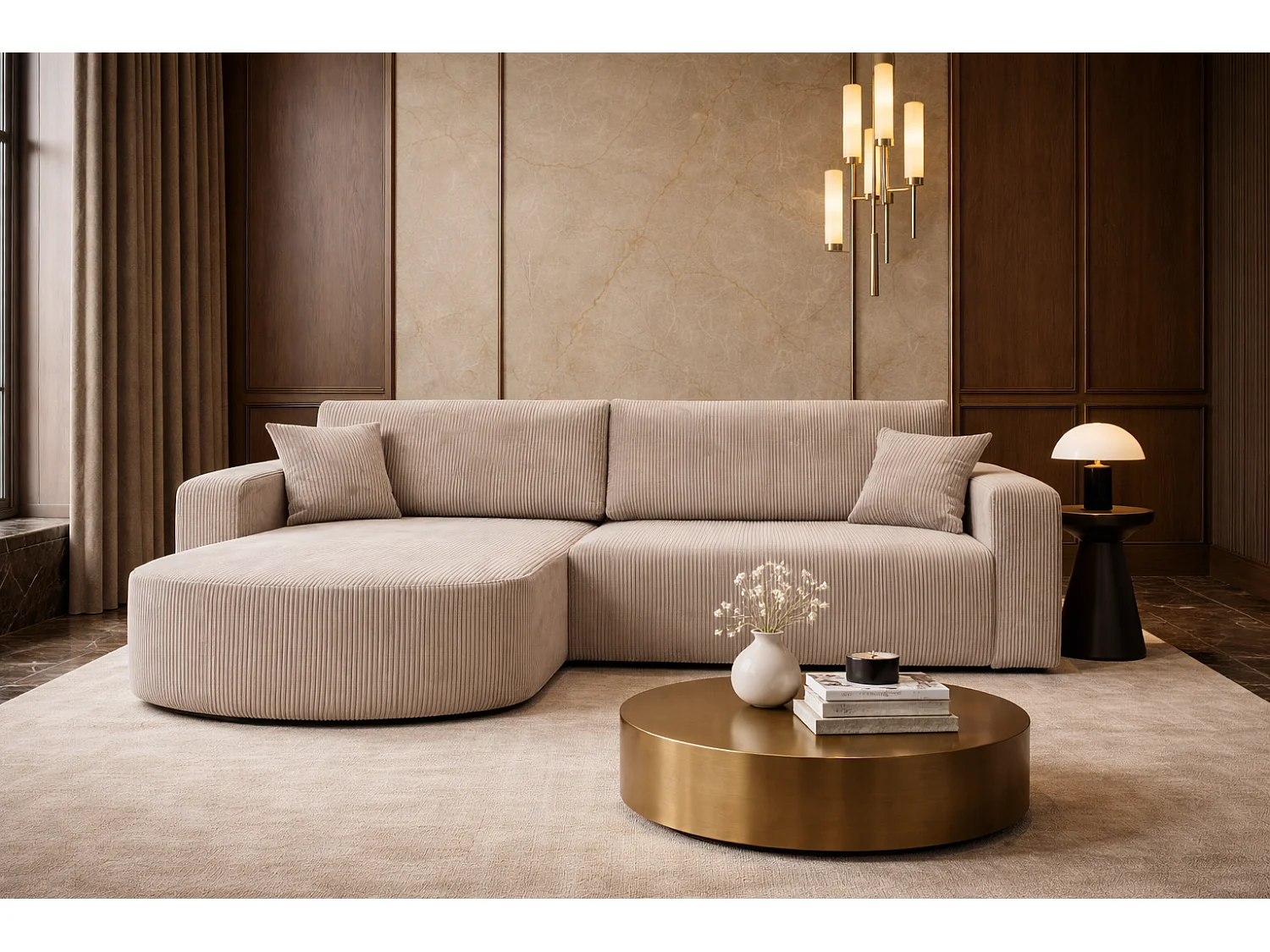 Canapé d’angle XL réversible et convertible BOSS – Velours côtelé beige avec coffre de rangement