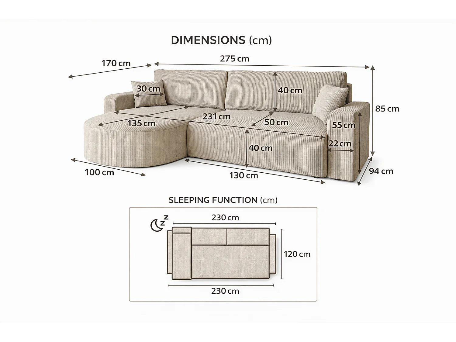 Canapé d'angle convertible 4 places avec coffre en velours beige