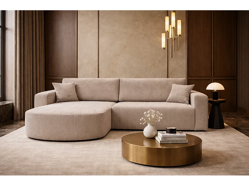 Divano angolare XL reversibile e trasformabile BOSS – Velluto a coste beige con vano contenitore