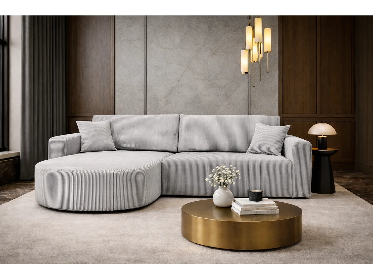 Canapé d’angle XL réversible et convertible BOSS – Velours côtelé blanc avec coffre de rangement