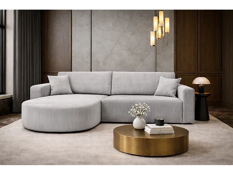 Canapé d’angle XL réversible et convertible BOSS – Velours côtelé bblanc avec coffre de rangement