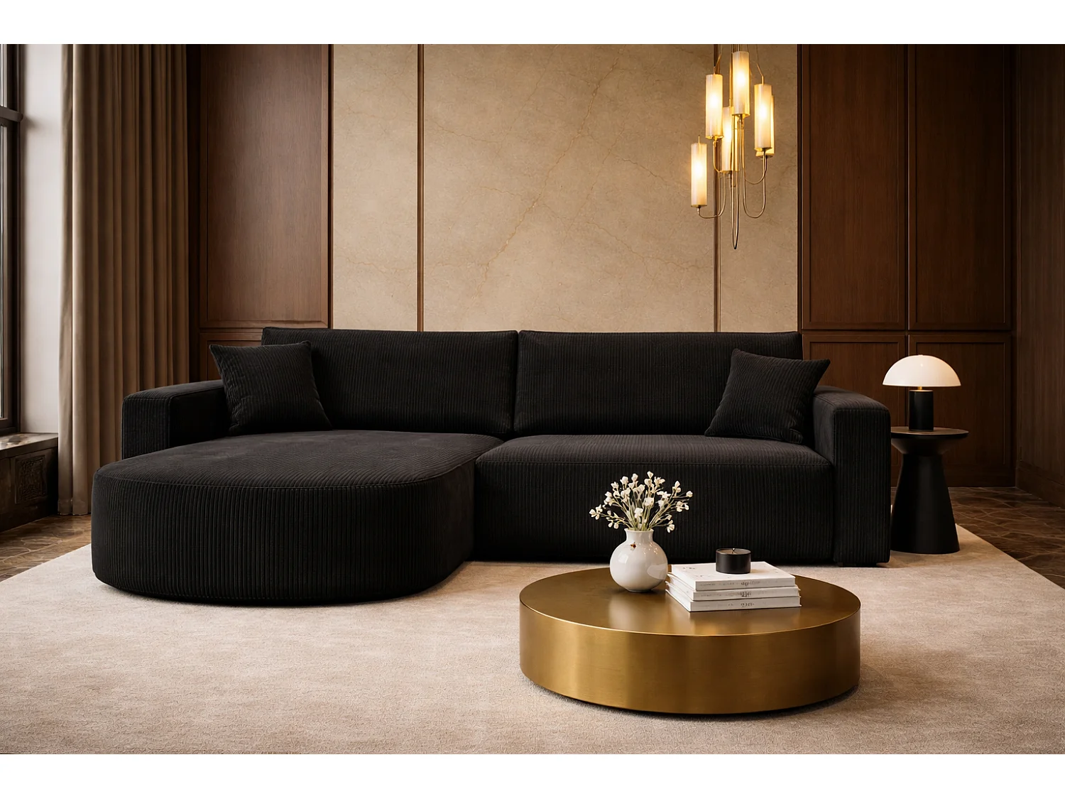 Canapé d’angle XL réversible et convertible BOSS – Velours côtelé noir avec coffre de rangement