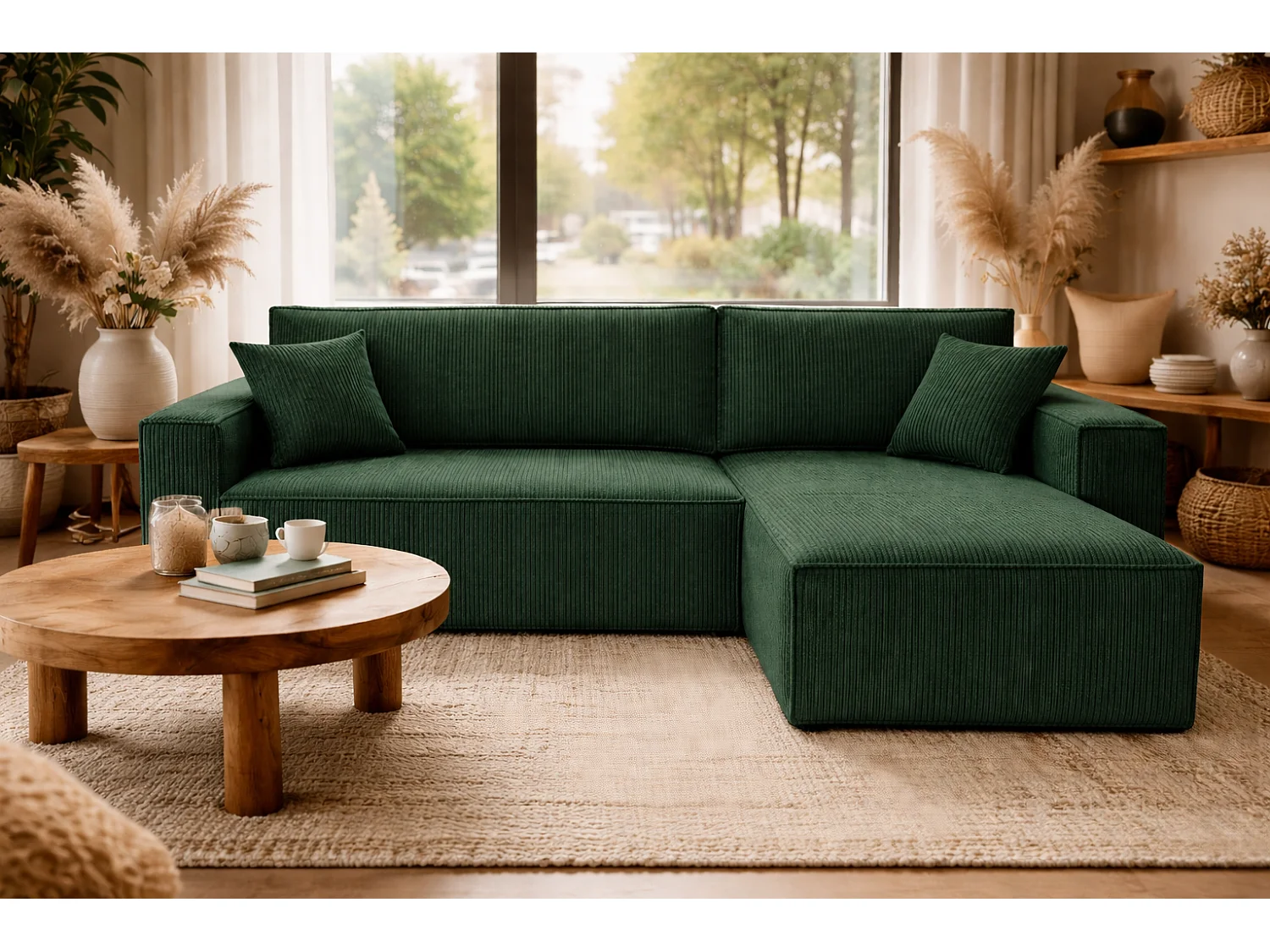 Canapé d’angle convertible réversible, velours côtelé beige, grand coffre de rangement, fonction couchage, montage universel gauche/droite CARLOS L - VINOTTI