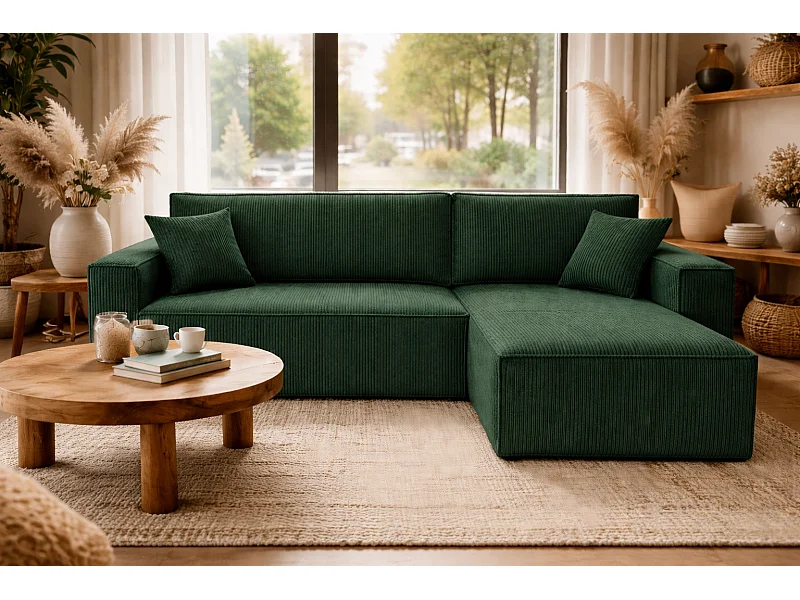 Canapé d’angle convertible réversible, velours côtelé beige, grand coffre de rangement, fonction couchage, montage universel gauche/droite CARLOS L - VINOTTI