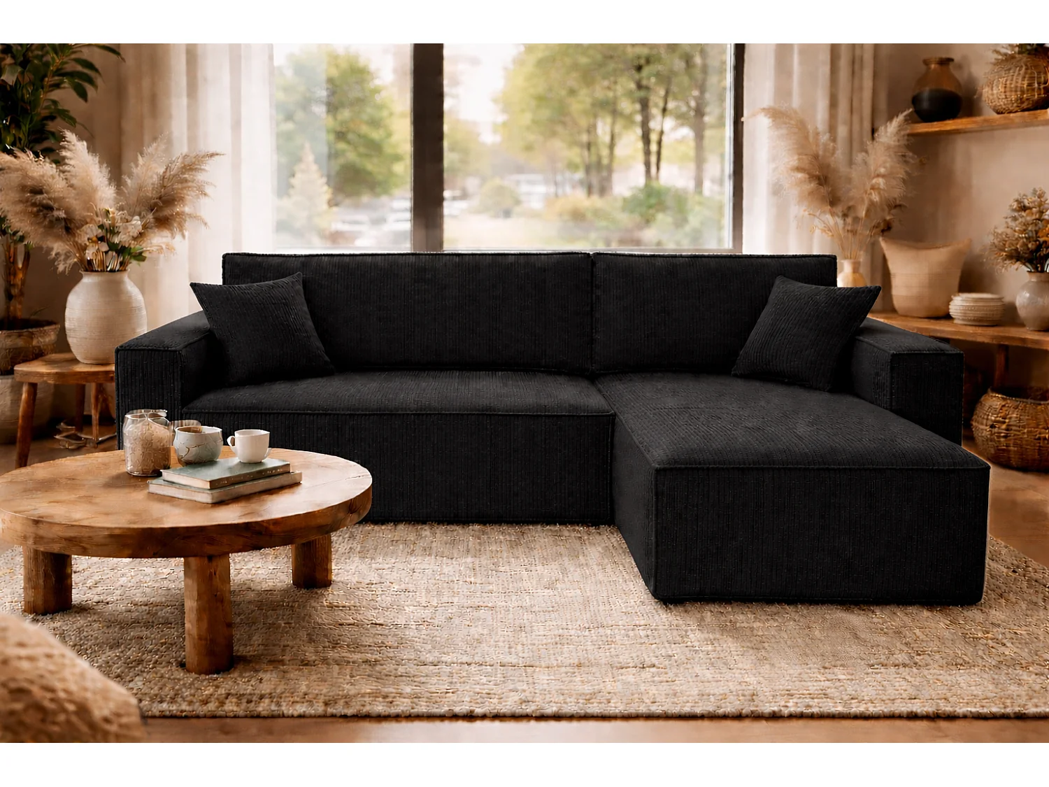 Canapé d’angle convertible réversible, velours côtelé noir, grand coffre de rangement, fonction couchage, montage universel gauche/droite CARLOS L - VINOTTI