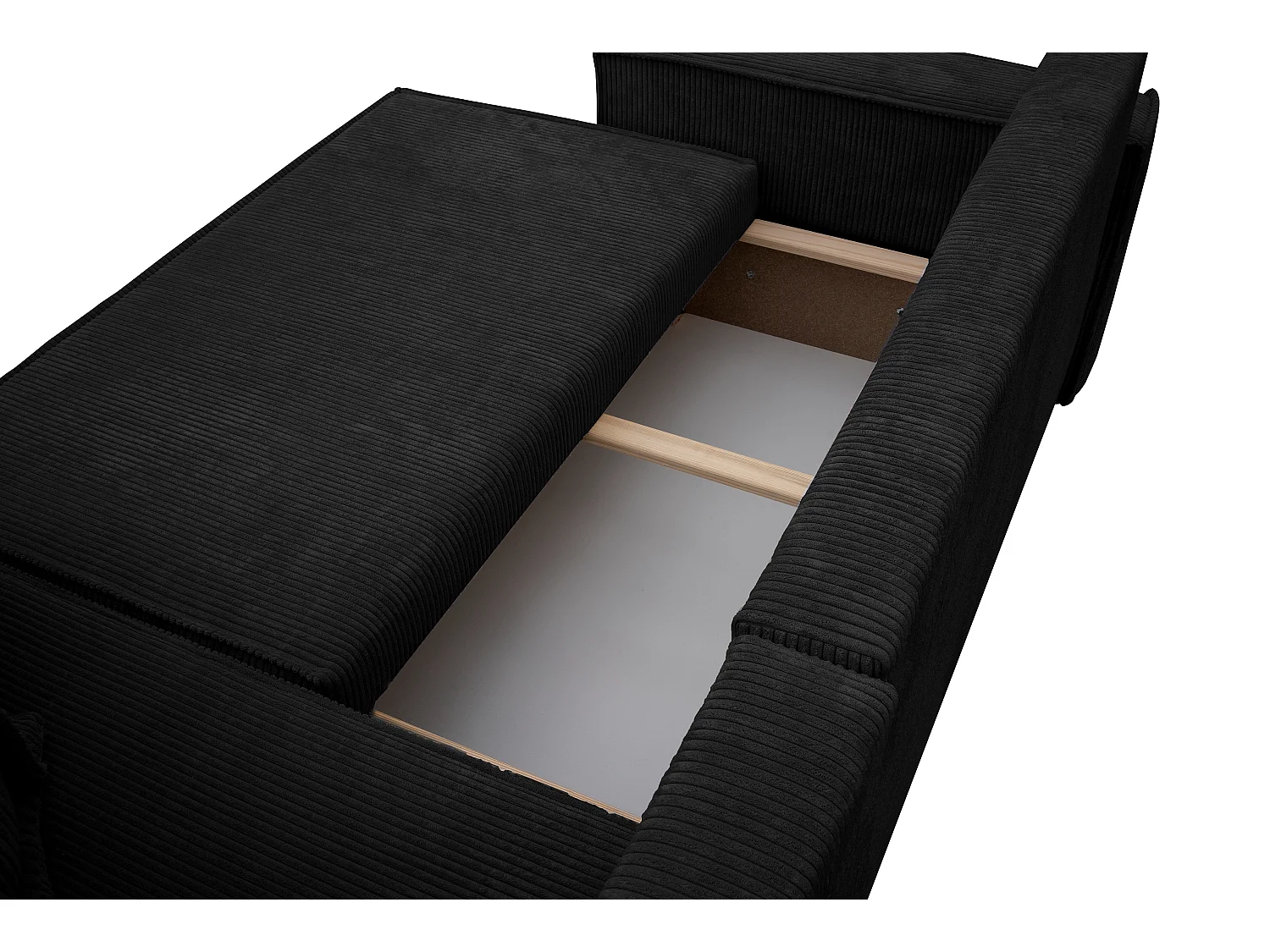 Canapé d’angle convertible réversible, velours côtelé noir, grand coffre de rangement, fonction couchage, montage universel gauche/droite CARLOS L - VINOTTI