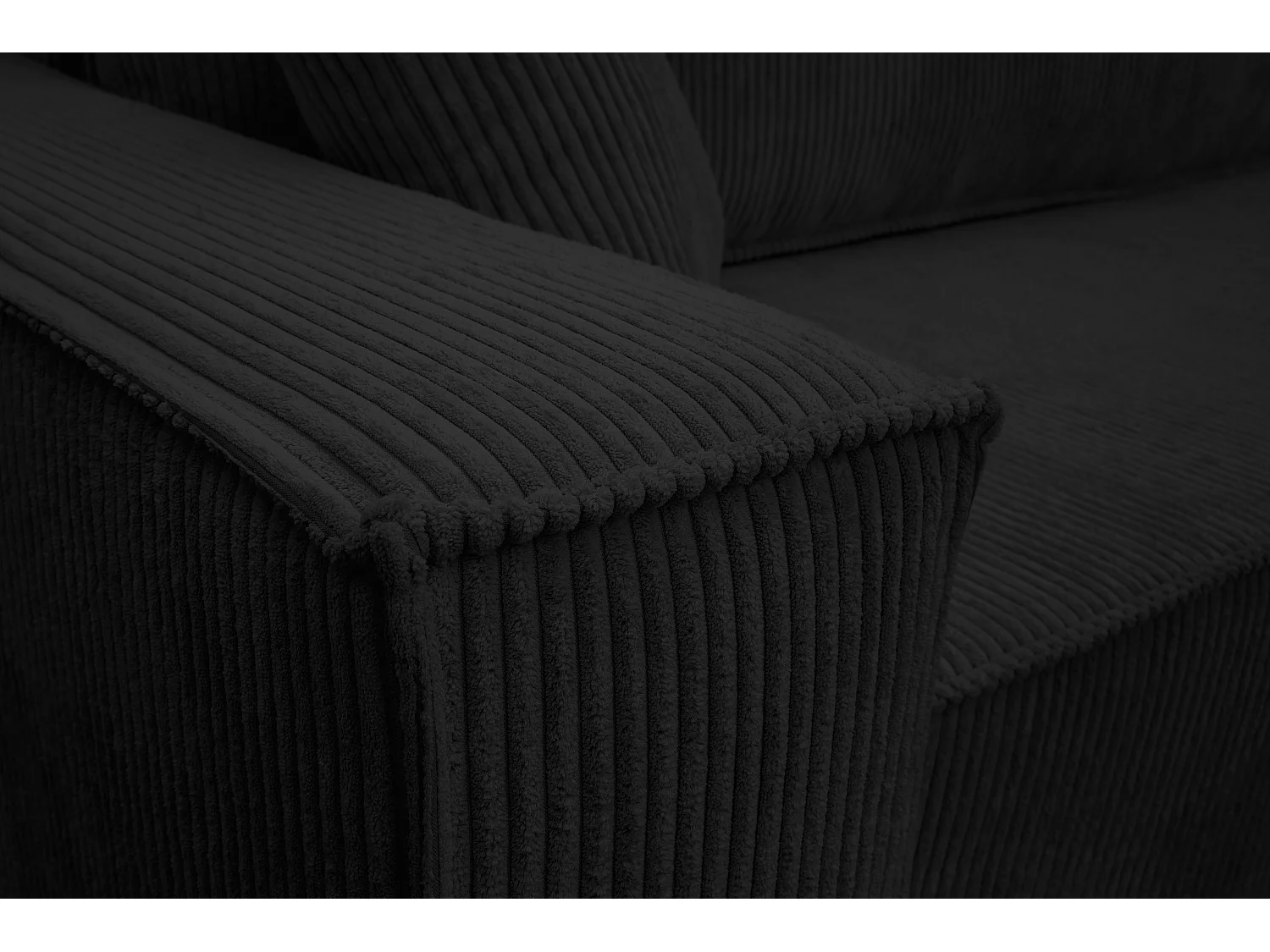 Canapé d’angle convertible réversible, velours côtelé noir, grand coffre de rangement, fonction couchage, montage universel gauche/droite CARLOS L - VINOTTI