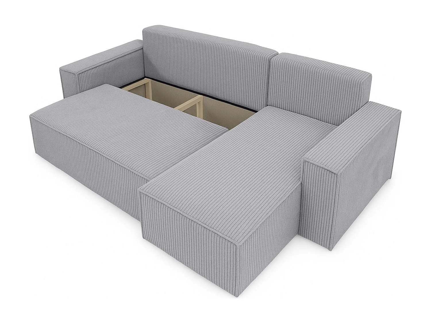 Canapé d’angle convertible réversible, velours côtelé beige, grand coffre de rangement, fonction couchage, montage universel gauche/droite CARLOS L - VINOTTI