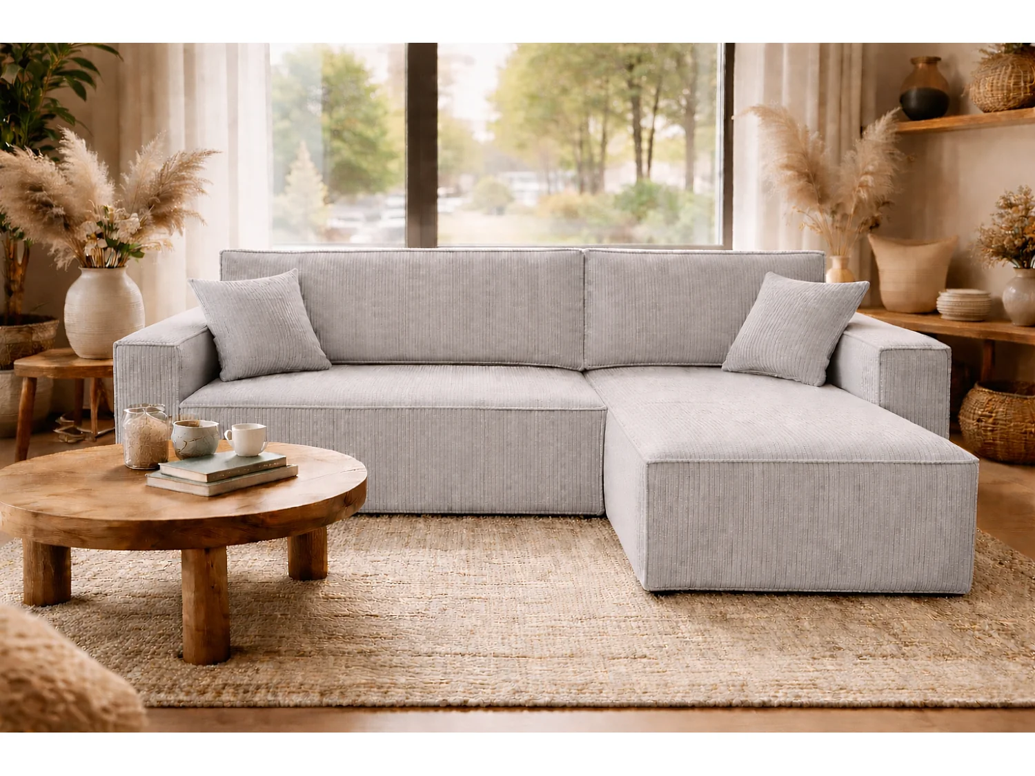 Canapé d’angle convertible réversible, velours côtelé beige, grand coffre de rangement, fonction couchage, montage universel gauche/droite CARLOS L - VINOTTI