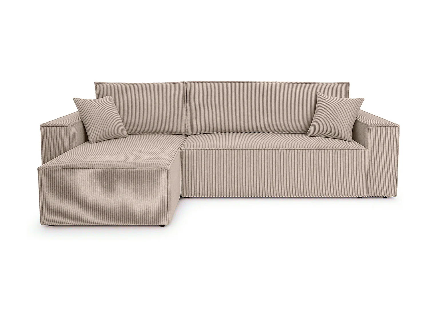 Canapé d’angle convertible réversible, velours côtelé beige, grand coffre de rangement, fonction couchage, montage universel gauche/droite CARLOS L - VINOTTI